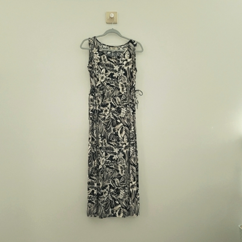 Teddi Vintage Floral Midi Dress Small Black Tan Sleeveless Tropical Hawaiian 90s